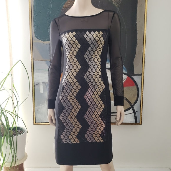 Joseph Ribkoff | Mesh and Sequin Geometric Dress - Picture 1 of 10